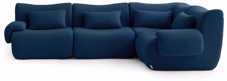 DIVANO ANGOLARE MODULARE MILYSOFA SOFATIME, 4 posti, con chaise longue, rivestito in tessuto bouclé di alta qualità, colore blu intenso