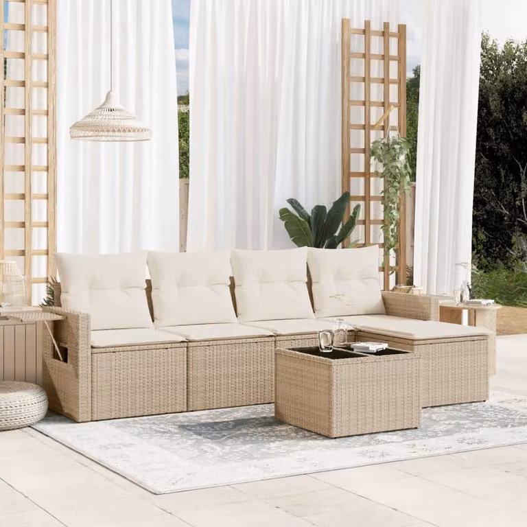 vidaXL Set Divano da Giardino 6 pz a Forma di L in Polyrattan Beige con Cuscini e Tavolino