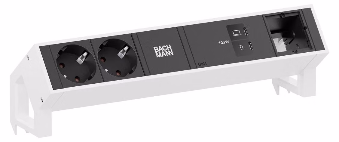 Scrivania BACHMANN DESK2, con 2 prese CEE7/3, 1 porta USB-C (con ricarica da 100W) e 1 cavo di alimentazione CM da 1,0 metro, colore RAL9010