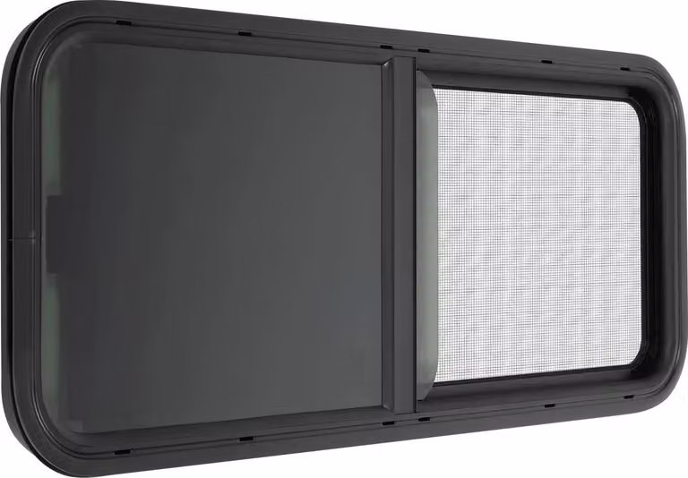 Finestra laterale per camper e roulotte - Finestra scorrevole - 90x30 cm - Telaio in alluminio - Vetro temperato nero oscurato al 25% - Zanzariera e tenda oscurante - Bianco