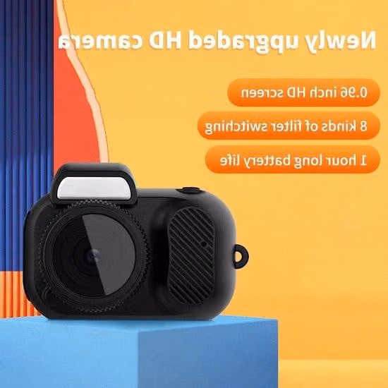 Videocamera per bambini con risoluzione HD 1080p e schermo HD da 0,96 pollici; supporta schede TF da 8 a 128 GB; facile inserimento dei contenuti.