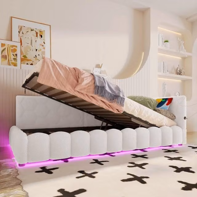 Letto Contenitore Imbottito Minimal Bianco con LED e Porta USB L/P/H: 90 x 200 cm