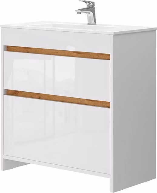 Set di mobili da bagno Detmold Bianco lucido/Rovere dorato 2 pezzi Vicco
