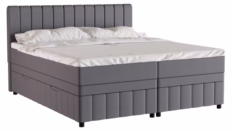 Letto matrimoniale boxspring 180x200, grigio, AVALON, con contenitori, con materasso, con topper, Panda Möbel