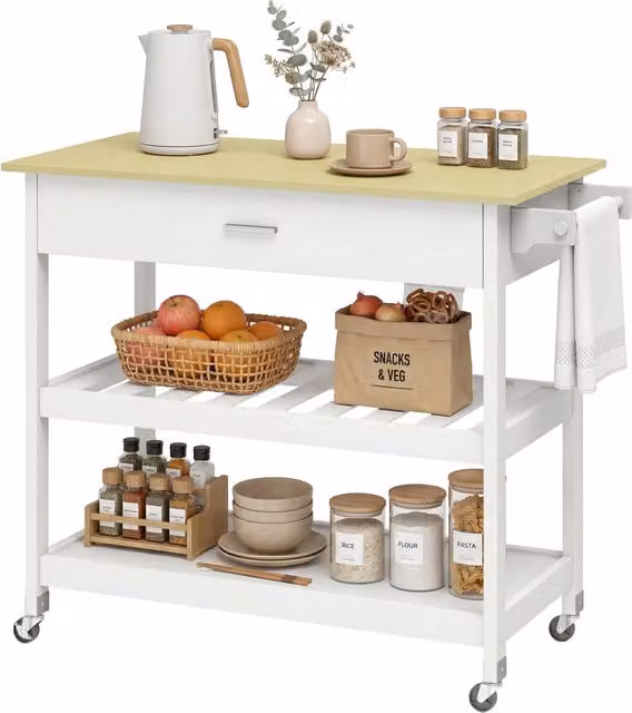 Carrello da cucina con ruote, isola salvaspazio con cassetto, 2 ripiani aperti e portasciugamani, pratico per casa, bianco