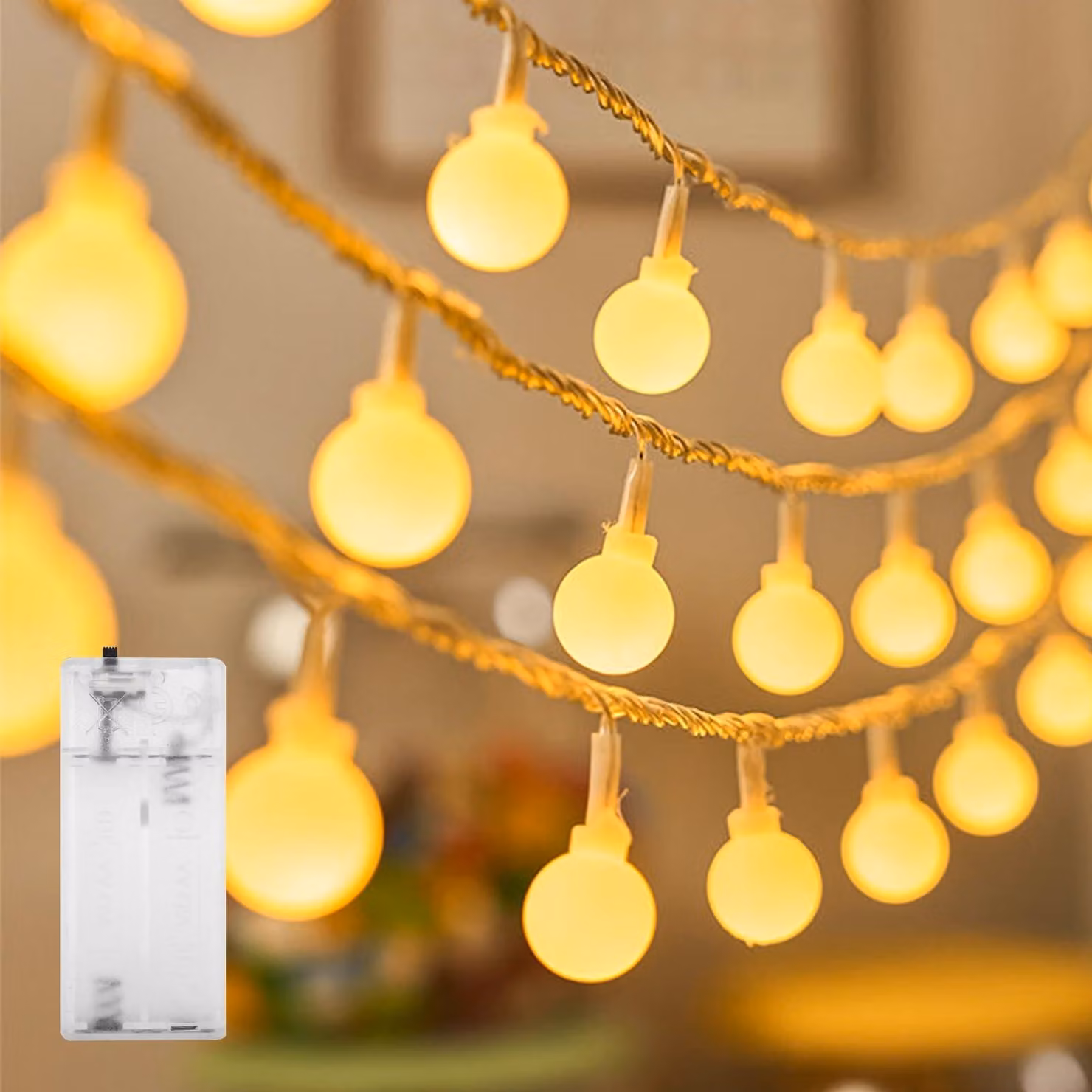 Catena luminosa a LED, con 10 sfere bianche calde, diametro 2,4 cm, lunghezza 1,5 metri, alimentata a batteria