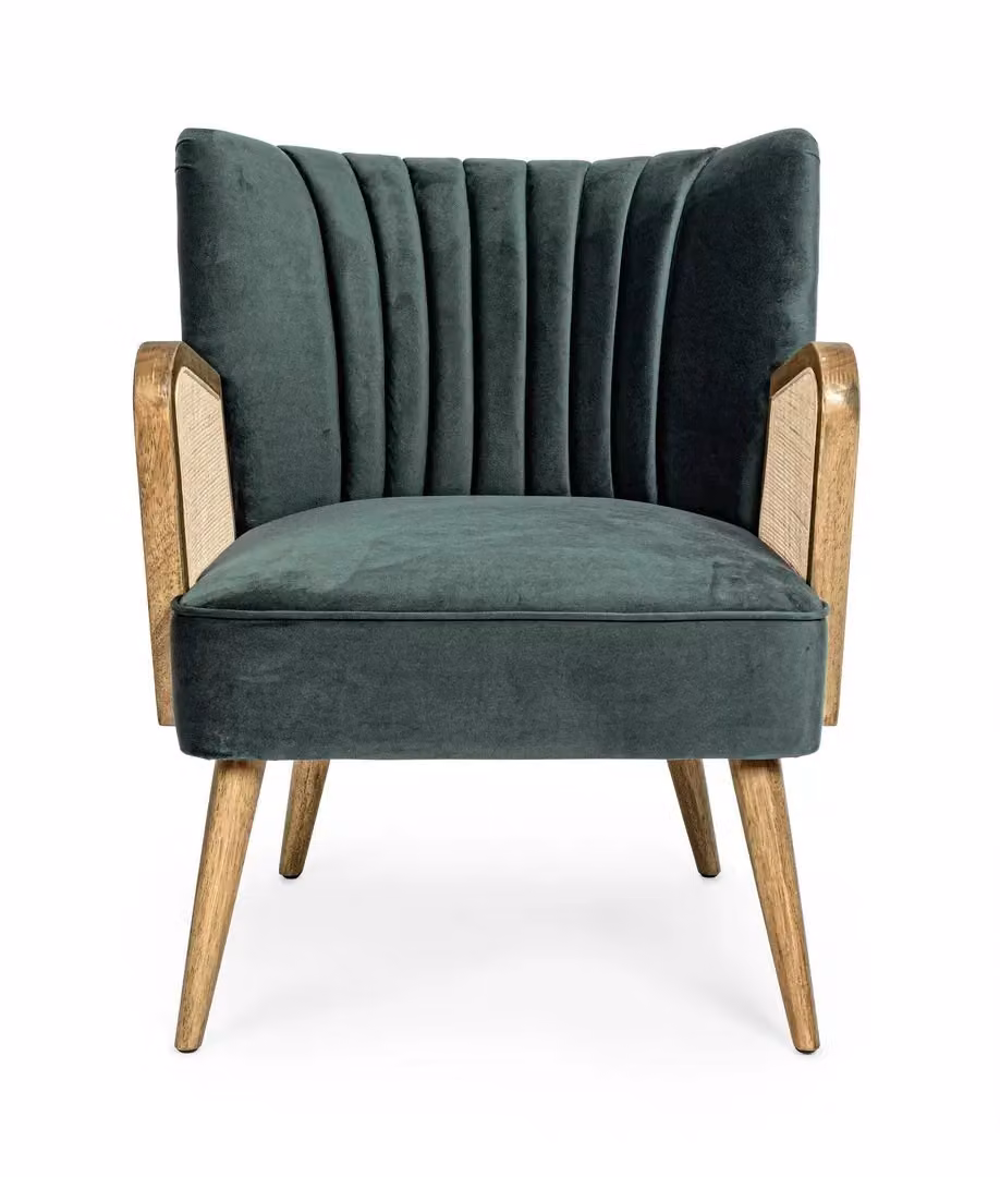 Poltrona Bizzotto Virna Verde in Velluto con Braccioli in Legno e Rattan – 3