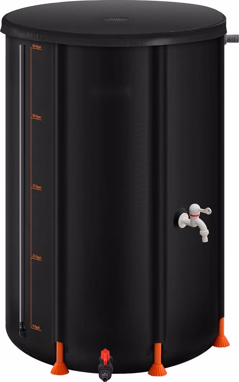 Serbatoio per l'acqua piovana - Cisterna 250 L - Pieghevole - Portatile - PVC 500D - Con rubinetto - Con set di troppo pieno - Nero