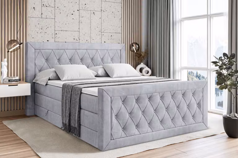 Letto boxspring ALTDECOR con materasso e rete a doghe, topper, pediera, letto imbottito con contenitore, letto con spazio contenitivo per materassi H3 e H4, letto boxspring - NOEL-Z KING - 140x200 - Grigio Monolith