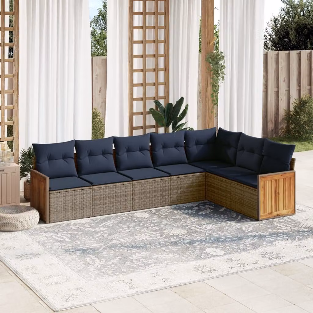 Set di divani da giardino vidaXL in polyrattan e legno di acacia con cuscini grigi e blu, design moderno a forma di L per esterno
