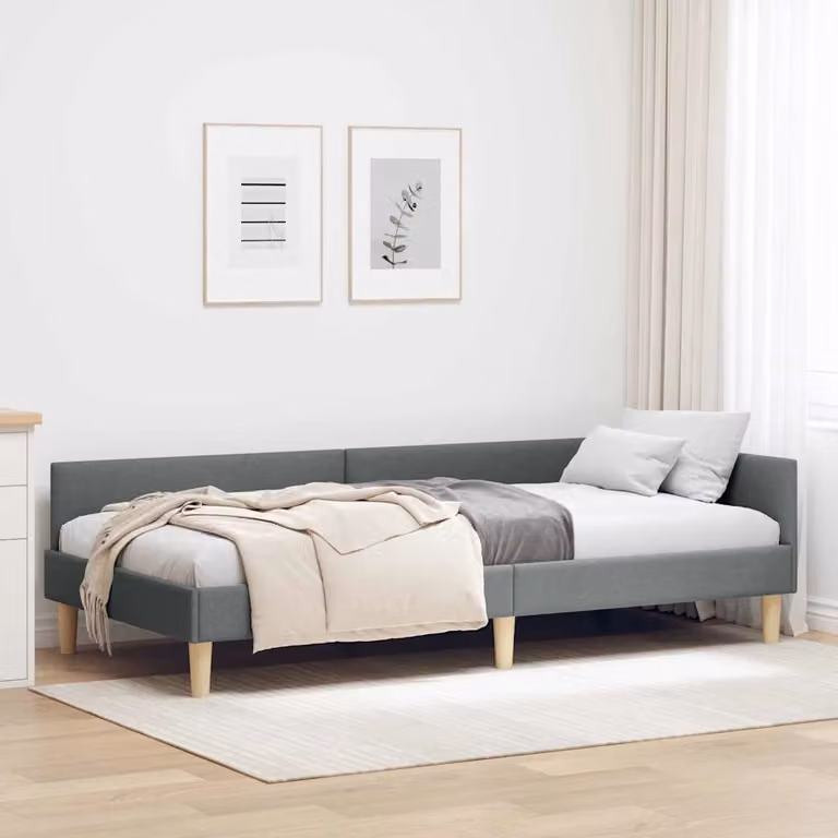 Cornice del letto ad angolo vidaXL in tessuto grigio con struttura in legno e doghe fisse, L/P: 90 x 190 cm