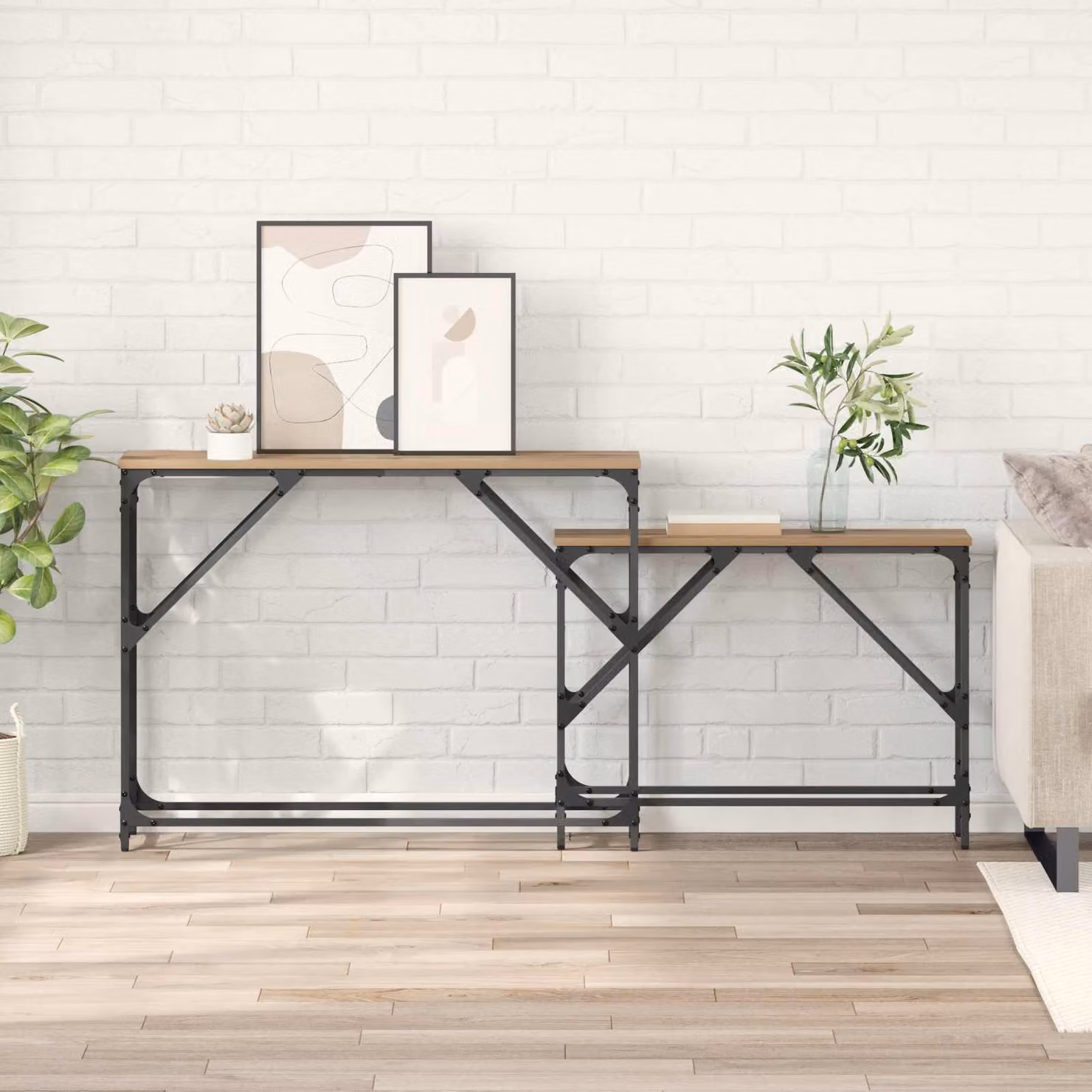 Set di 2 tavoli consolle vidaXL in stile moderno, finitura rovere e nero, L 100 x P 28 x H 75 cm