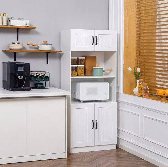 Mobile dispensa da cucina HOMCOM bianca con 4 ante, ripiani interni e vano per microonde, L: 70 cm, P: 40 cm, H: 170 cm – 1