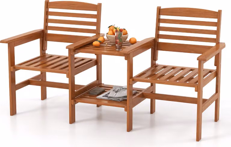 Set di sedute COSTWAY con tavolo per il patio, set da conversazione in legno a 2 posti con tavolino e foro per ombrellone, set di mobili da giardino resistenti alle intemperie