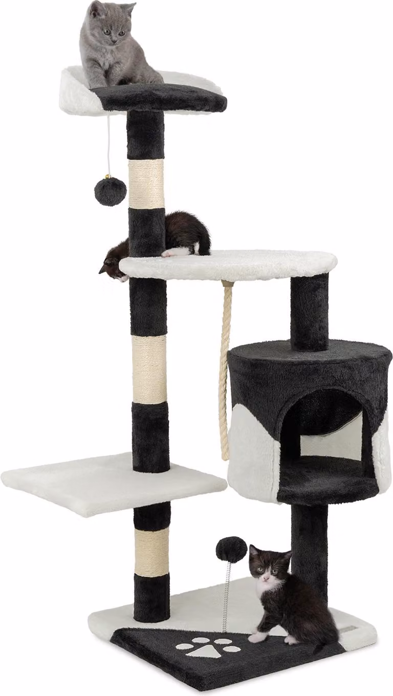 tiragraffi lionto per gatti alto 112 cm, con grotta, corda in sisal, palline di peluche e supporto da parete, albero da arrampicata compatto, nero/bianco