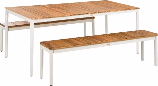 Set da pranzo da giardino con tavolo e 2 panche in legno di acacia marrone, struttura in acciaio, compensato, 6 posti, moderno