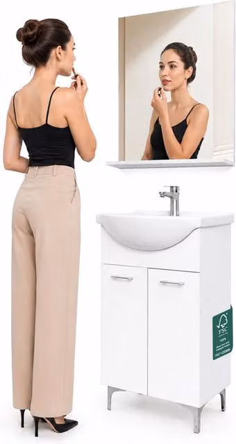 Set Completo Mobile da Bagno Shally Dogan Moderno Bianco con Specchio LED e Armadietto a Due Ante L/P/H: 88.5 x 52.5 x 31.0 cm
