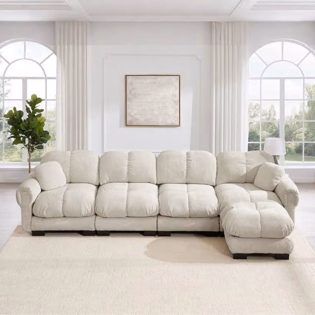 Divano angolare 4 posti Minimal in tessuto chenille trapuntato con poggiapiedi coordinato colore beige