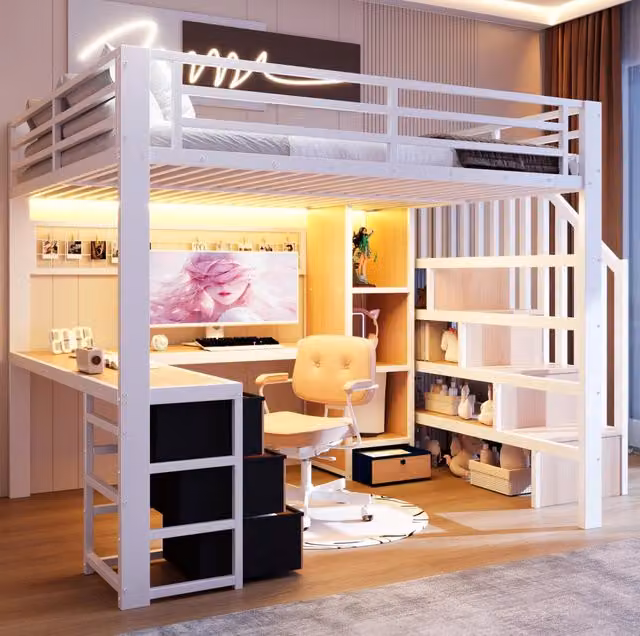 Letto a soppalco 140x200 cm con struttura in ferro, scrivania integrata, LED regolabile e ampio spazio contenitivo, bianco
