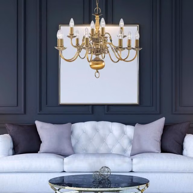 Lampadario Classico Fiammingo SEARCHLIGHT in Ottone e Vetro Trasparente con 12 Luci E14 e Altezza Regolabile