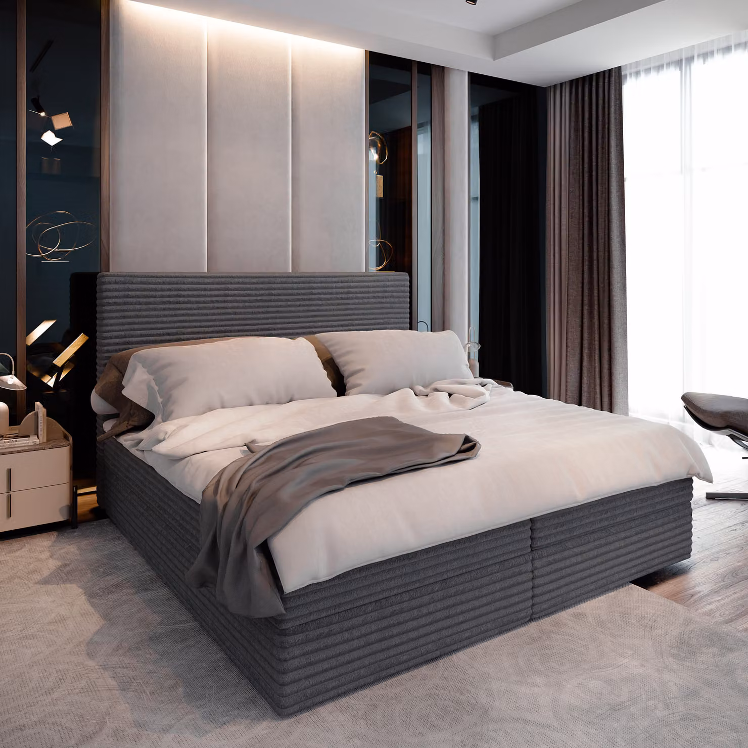 Letto a molle Masseno PISA 160x200 cm completo di materasso e topper Bonell, letto imbottito con cassettiera -grigio, TILIA 90