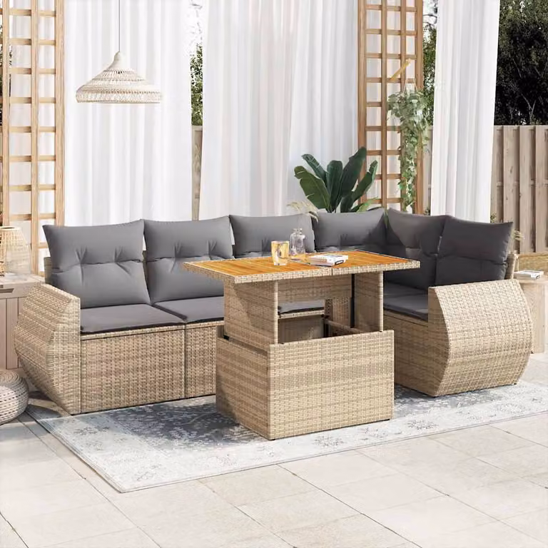 Set Divano da Giardino vidaXL 6 pz in Polyrattan e Legno di Acacia con Cuscini Beige e Grigio