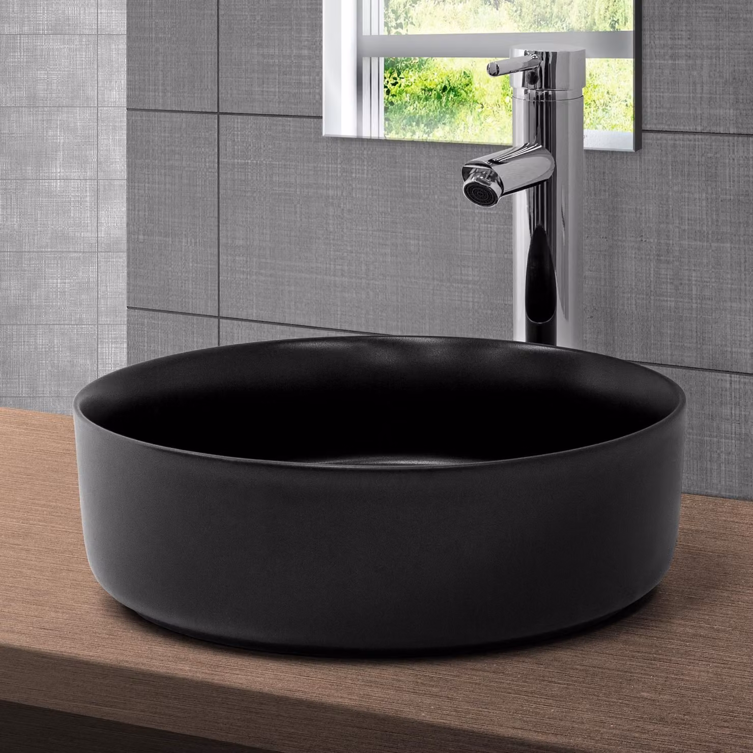 LuxeBath Lavabo Lavabo da appoggio rotondo, Ø 36x12 cm, nero opaco, in Vetroceramica