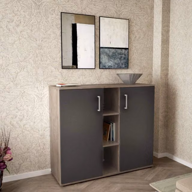 Mobile ingresso COSMA mod. Franck con 2 ante e 3 mensole, Rovere chiaro e Antracite