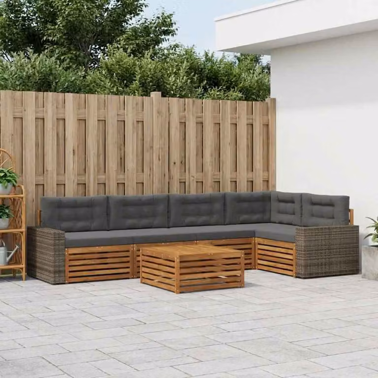 Set di divani da esterno vidaXL a forma di L composto da 6 pezzi in legno di acacia con cuscini beige e antracite per giardino e terrazza