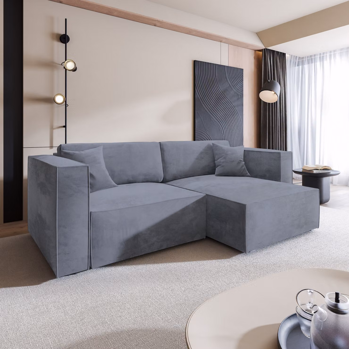 Divano angolare NERIO M di Masseno con funzione letto a L, divano con box letto, divano da soggiorno, divano, divano letto, set di divani - grigio, MONOLITH 85