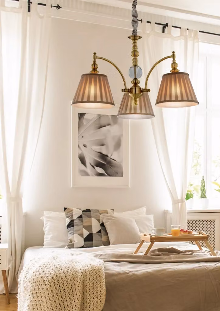 Lampadario a sospensione Candellux Austin in metallo e tessuto, colore ottone e beige, 3xE14 – 2