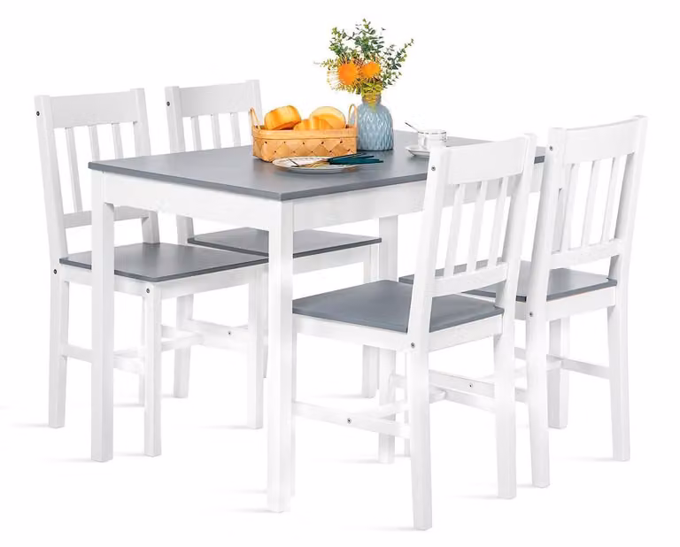 Tavolo da pranzo con 4 sedie, in legno massello di pino, colore grigio/bianco, dimensioni 108x65x73 cm