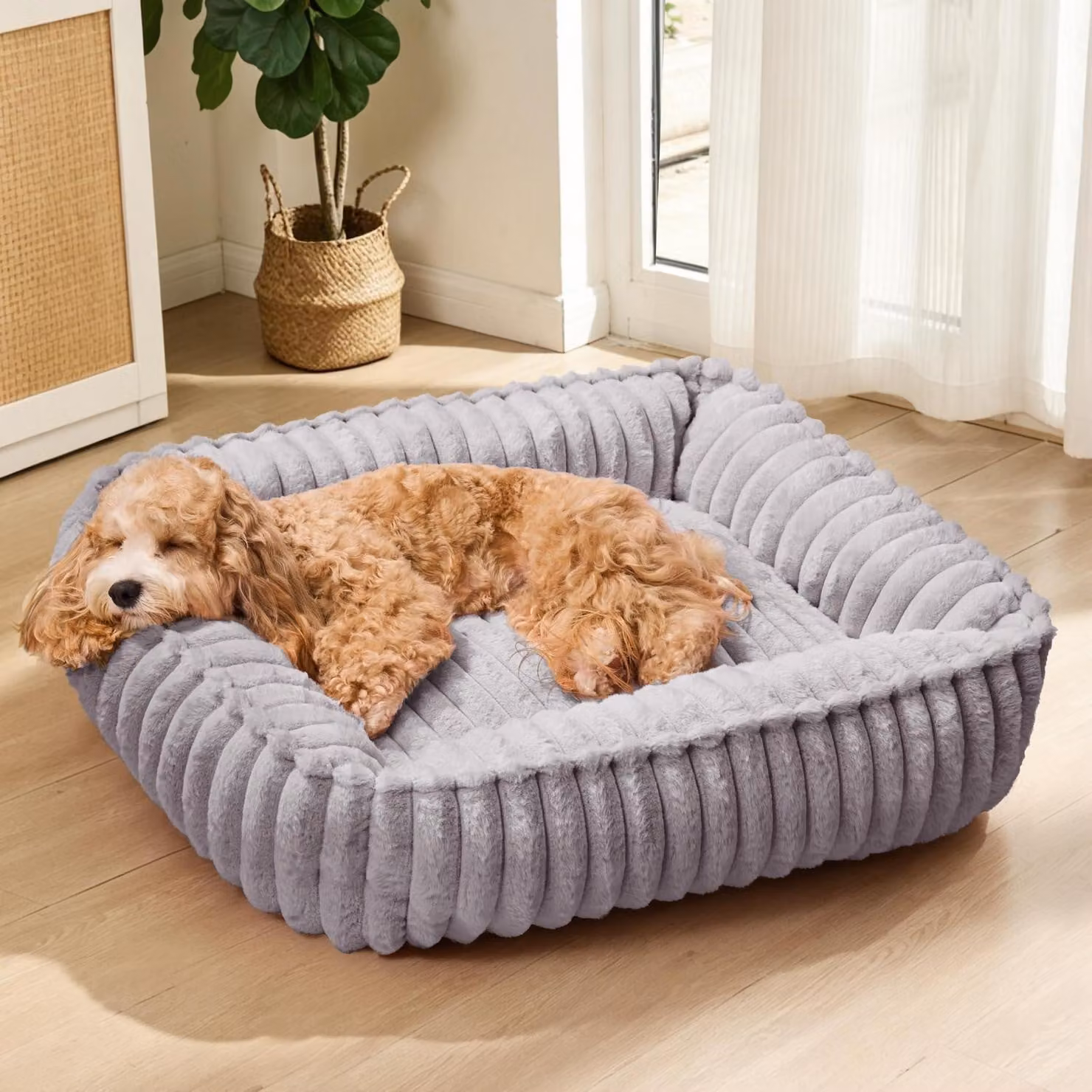 Cuccia ortopedica per cani, 80x60 cm, grigia, lavabile, rivestita in ecopelliccia a forma di coniglio