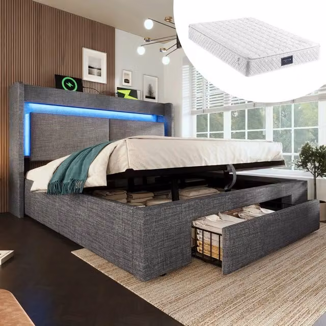 Letto Imbottito Contenitore 160x200 con LED, USB, Testiera e Materasso ¨C MINIMAL ¨C Grigio Lino