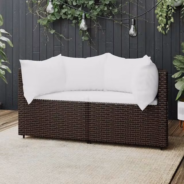 Set di divani angolari da giardino vidaXL in rattan marrone e bianco con cuscini imbottiti e struttura in metallo