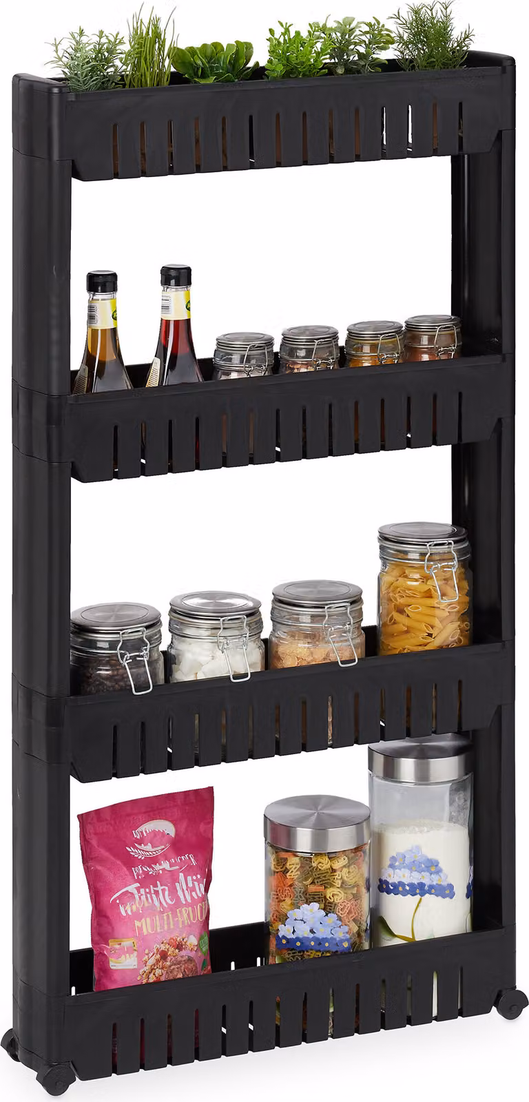 Relaxdays Scaffale da nicchia, 4 ripiani, scaffale da nicchia stretto per bagno e cucina, L x P x A 101 x 12,5 x 54 cm, scaffale su ruote in plastica, nero