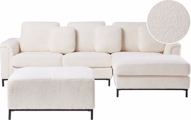 Divano angolare Beliani in tessuto bouclé bianco a 5 posti con pouf coordinato e cuscini, versione sinistra a forma di L, L/P/H: 270 x 151 x 96 cm
