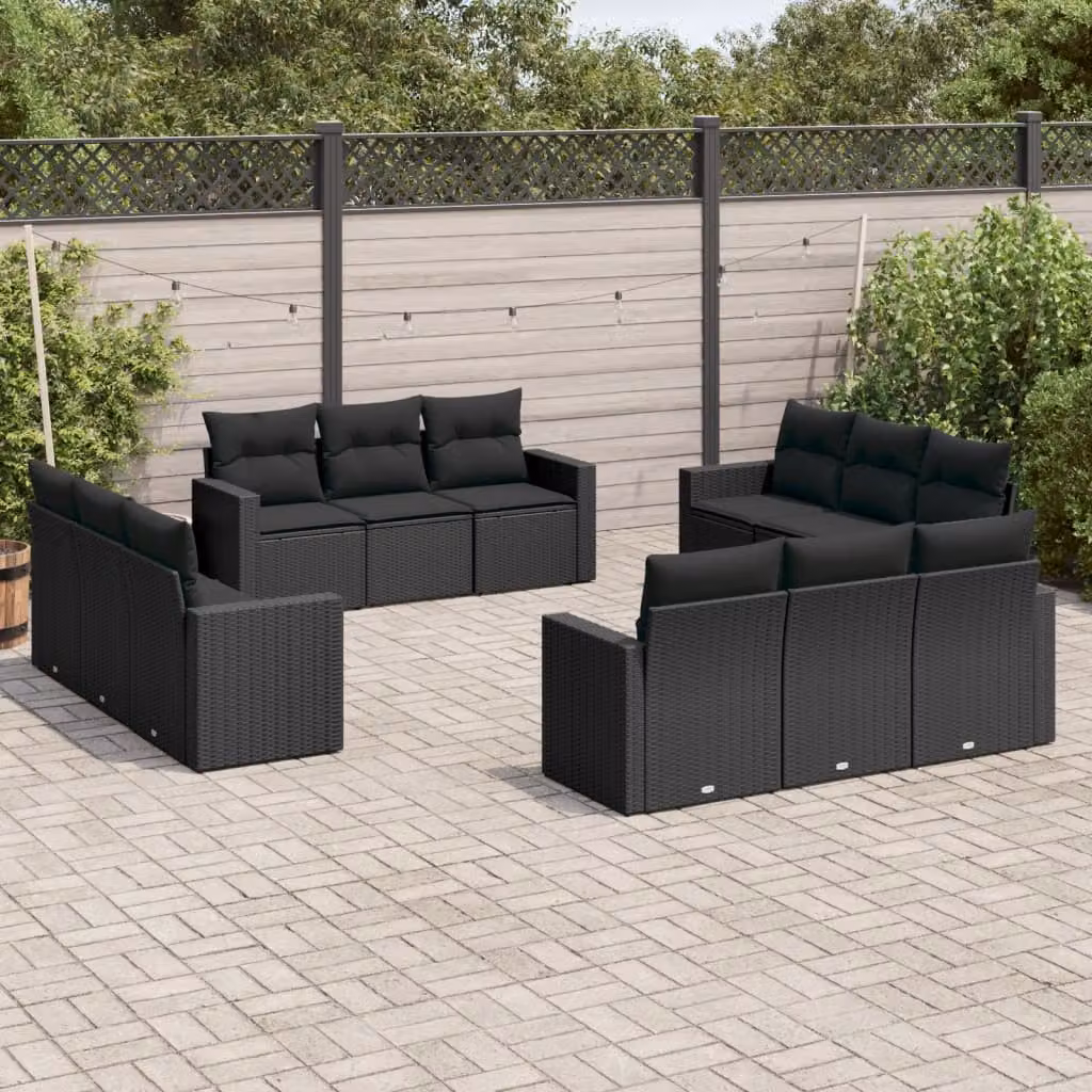 vidaXL Set Divani da Giardino a Forma di U con Cuscini Nero in Polyrattan e Struttura in Acciaio – 1