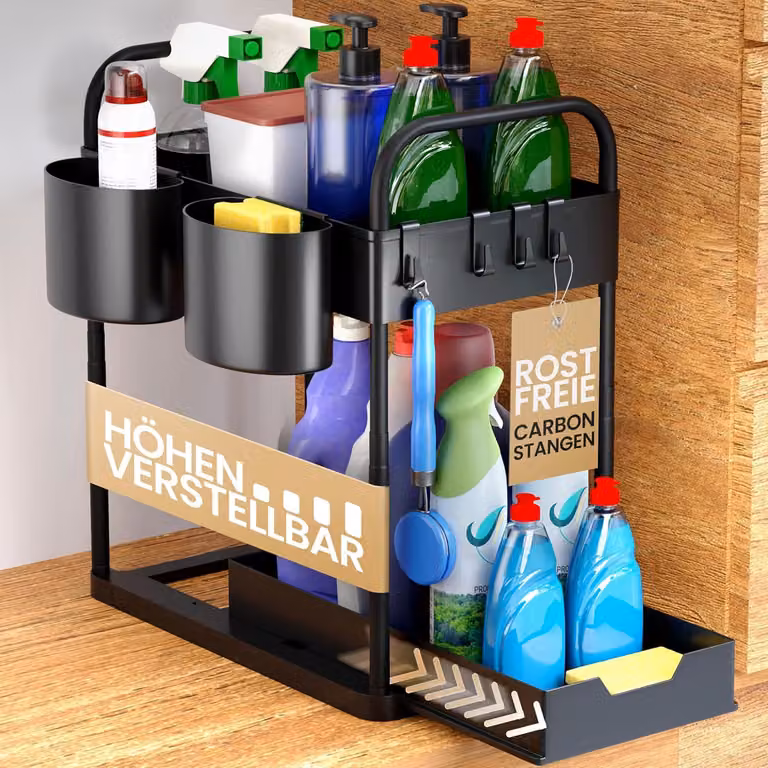 Organizzatore per mobili sottolavello, regolabile, con 2 ripiani, colore nero, per la cucina