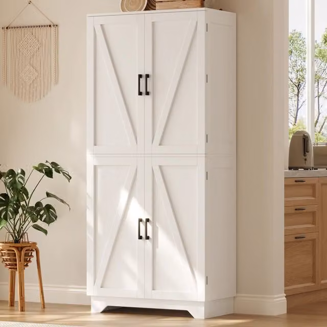 Mobile colonna da cucina con 4 ante portabottiglie e ripiani sulle ante in MDF bianco e naturale 80 × 40 × 180 cm