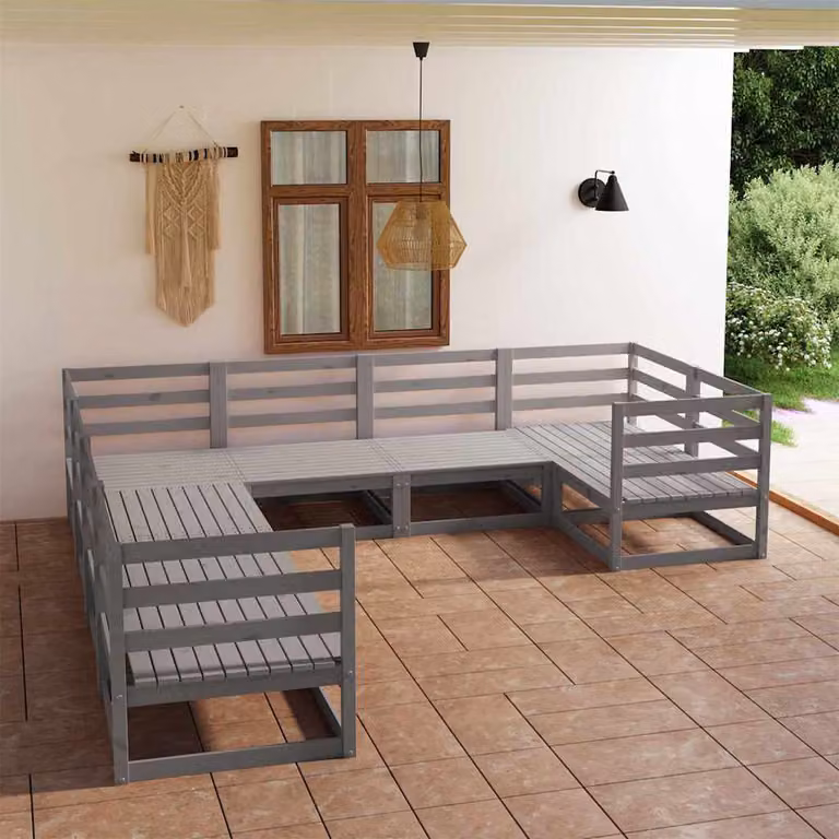 Set Divani da Giardino vidaXL a forma a U in Legno di Pino con Cuscini Grigio