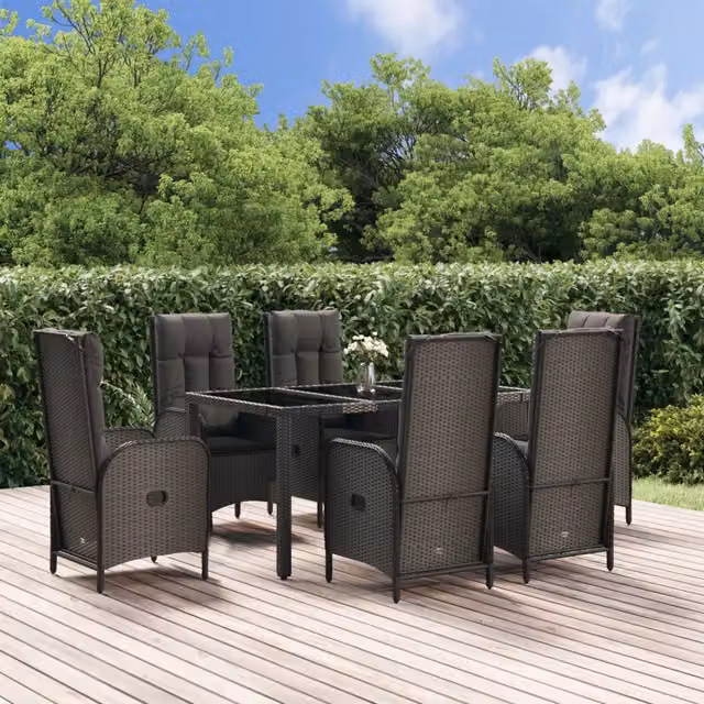 Set da Pranzo da Giardino Moderno vidaXL in Polyrattan con Cuscini e Tavolo in Vetro, 7 Pezzi, Nero e Grigio – 1