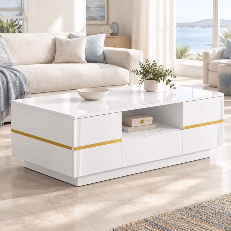 Tavolino moderno con finitura lucida e illuminazione a LED, dotato di 2 ante, ideale per il soggiorno, con spazio contenitivo e dettagli dorati, colore bianco