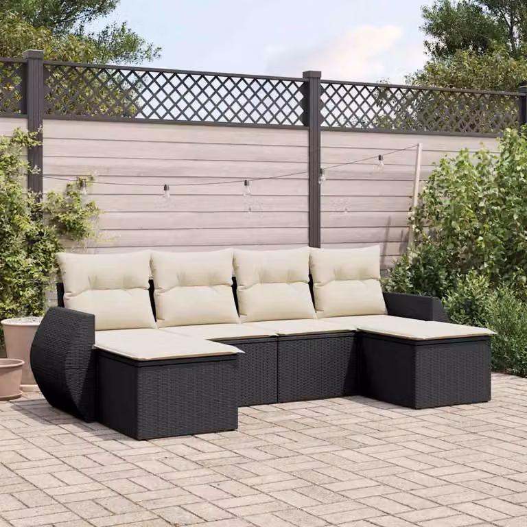 Set Divano da Giardino a L vidaXL 6 pz in Polyrattan Nero con Cuscini Imbottiti e Coperture Rimovibili