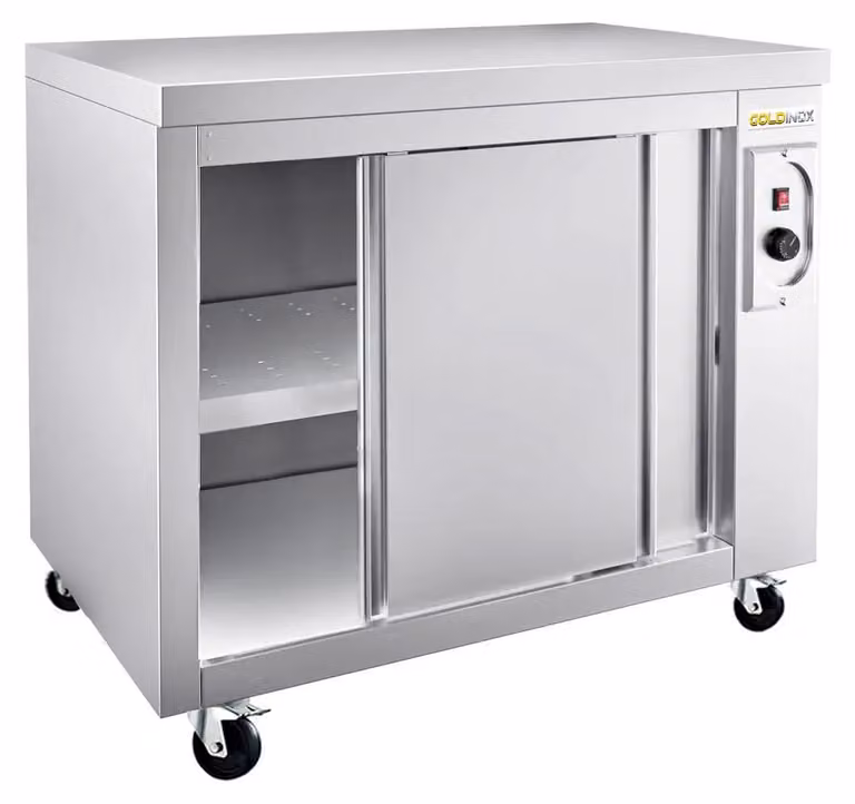 Mobile riscaldato in acciaio inossidabile, dimensioni 1000x600 mm, su ruote, PREMIUM - GOLDINOX