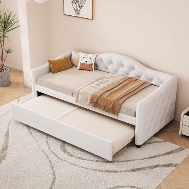 Letto divano singolo 90×200 cm con letto estraibile 90×190 cm, senza materasso, in lino e MDF beige