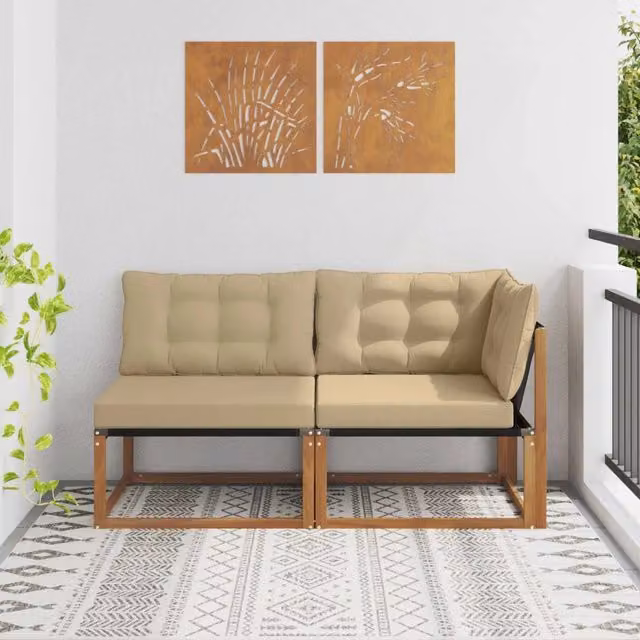 Set di divano modulare da esterno angolare vidaXL in legno di acacia e tessuto beige con 7 pezzi