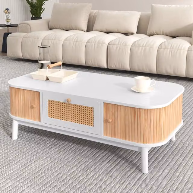 Tavolino basso Mivray in stile scandinavo con ante in legno, cassetti in rattan e gambe in legno bianco e beige, L: 110 cm, P: 55 cm, H: 38.5 cm