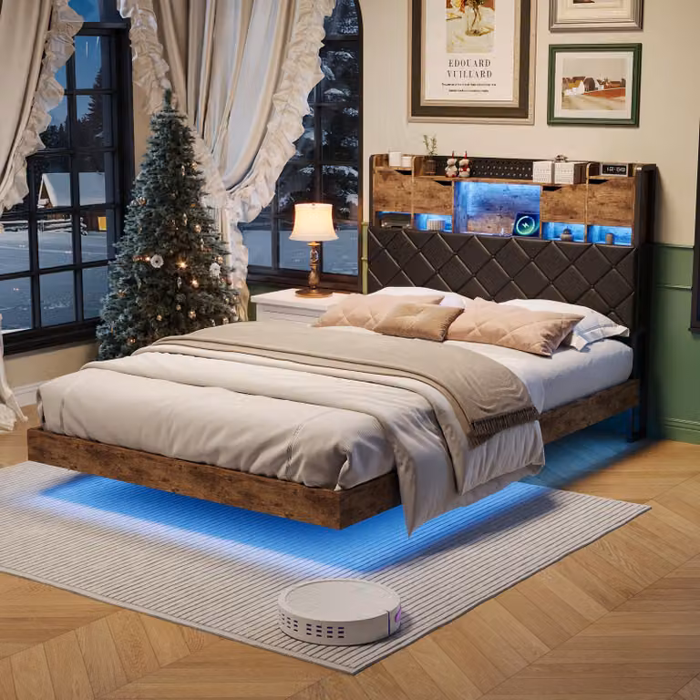Letto imbottito sospeso, dimensioni 140x200 cm, con illuminazione a LED. Letto imbottito con testiera, dotato di spazio contenitivo, porta USB di tipo C e struttura in legno con rete a listelli. Colore: nero