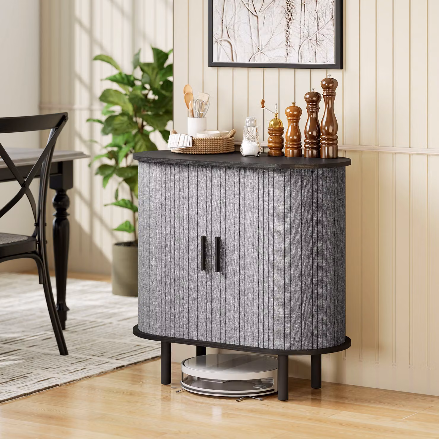 Madia ovale HOMCOM con 2 ante scorrevoli e 2 scomparti, grigio, L 80 cm x P 40 cm x H 78 cm – 2